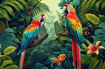 Colorful macaw parrots on tree branch side by side in lush tropical setting