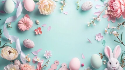 Craft a festive background with Easter eggs, bunnies, and spring flowers in a pastel color scheme