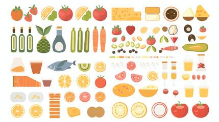 Chart of food icons and vitamin groups. Set of flat 