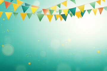 Foreground with green background and colorful flags garland on top, confetti all around, sun shining in the background, party banner