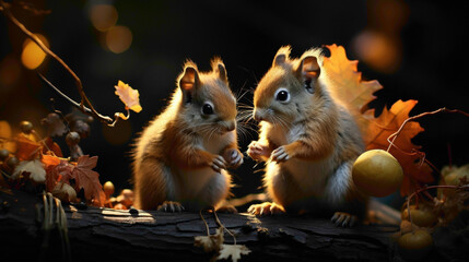 Playful squirrel kittens chasing each other through tree branches, their agile movements and fluffy tails capturing the lively spirit of these woodland creatures. - obrazy, fototapety, plakaty