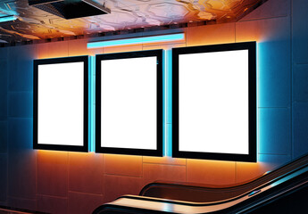 Three futuristic vertical billboard Mockup. Cyberpunk style frames interior template. 3D rendering - 785071837