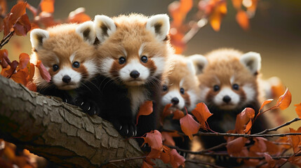 Playful red panda cubs frolicking in a tree, showcasing their agile movements and vibrant fur in a heart-melting display of cuteness. - obrazy, fototapety, plakaty