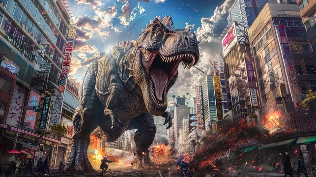 Dinosaur, Tyrannosaurus Rex walking through the city and people running in despair