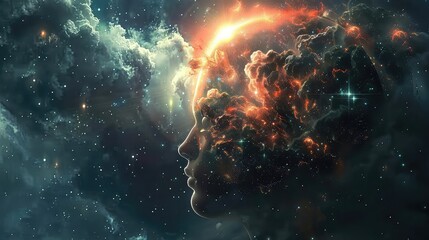 Cosmic Silhouette of a Human Head Against a Starry Nebula Background