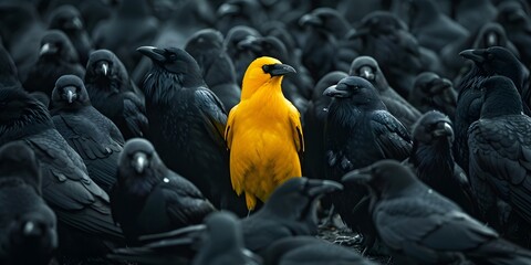 Naklejka premium The Lone Yellow Crow Stands Out Among the Crowd of Black Crows Embodying Contemplative Leadership and Individuality