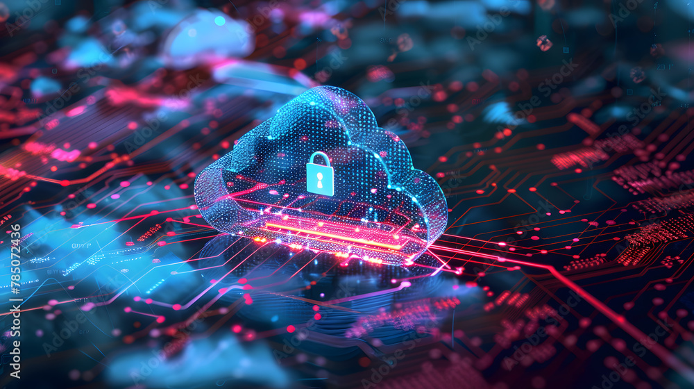Aufkleber a digital illustration of a cloud shaped computer circuit board with a silver padlock securing it.