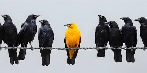 Naklejka premium Yellow Crow Amid Black Flock on Wire Symbolizing Individuality and Innovation