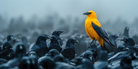 Naklejka premium Solitary Yellow Crow Standing Out Amidst a Flock of Black Crows on a Misty Morning Symbolizing Unique Leadership and Individuality