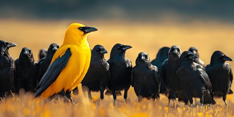 Naklejka premium Vibrant Yellow Crow Leading a Flock of Black Crows Across a Serene Field Illustrating Leadership and Guidance