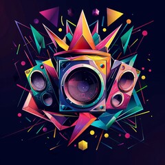 dubwise lcd logo with speakers and a colorful crown logo, in the style of low poly