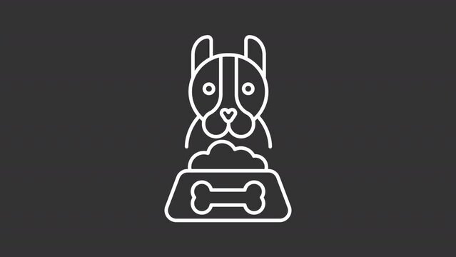 Dog food white line animation. Animated dog eating kibble icon. Domestic animal care. Feeding puppy. Pet care. Isolated illustration on dark background. Transition alpha video. Motion graphic