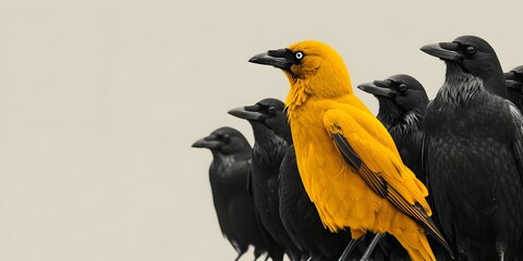 The Curious Yellow Crow Standing Out Among a Flock of Black Crows Observing the Distant Horizon with Intrigue and Individuality