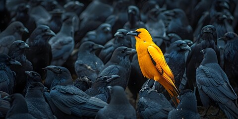 A Lone Yellow Crow Stands Out Among a Vast Flock of Black Crows Capturing the Essence of Individuality and Uniqueness in the Natural World