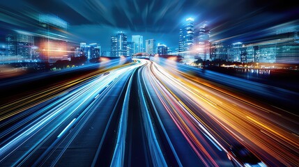 Fototapeta na wymiar Urban night traffic blurred cars in motion on illuminated highways with long exposure light trails