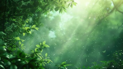 Fototapeta na wymiar Sun's rays seep through the thick green leaves of a forest of serene nature. Nature background. Spring background