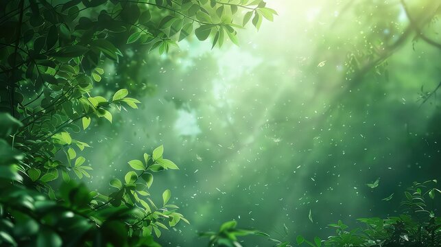 Sun's rays seep through the thick green leaves of a forest of serene nature. Nature background. Spring background