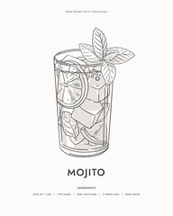 Mojito. Summer cocktail in a glass glass with ice cubes, a slice of lime and a mint leaf. A classic alcoholic drink. Illustration for drinks cards, bar and wedding menus, cards and website graphics.