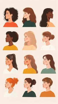 Flat graphic vector illustrations sencillas of sellos cuadrados separados con dibujos de cabezas de mujeres Las mujeres miran de frente en actitud sonriente y relajada 