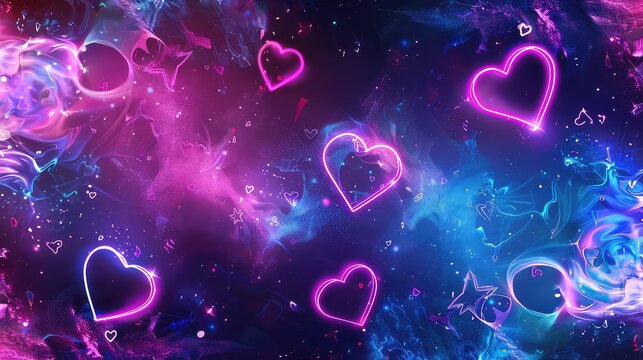 Neon hearts with smoke, gradient led border, portal with haze clouds. 3D abstract retro tech background. Vector illustration.
