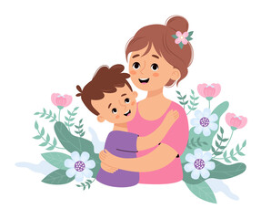 Happy family mother and son. Cute woman hugs her boy. Vector illustration. Holiday character for birthday, Women's Day, Mother's Day design.