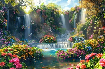 A beautiful paradise land full of flowers, sakura trees, rivers and waterfalls, a blooming and magical idyllic Eden garden - obrazy, fototapety, plakaty