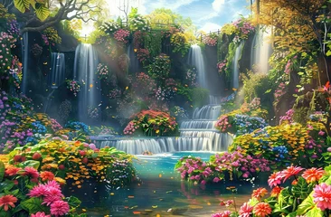 Fotobehang A beautiful paradise land full of flowers, sakura trees, rivers and waterfalls, a blooming and magical idyllic Eden garden © Nouman Ashraf