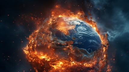 Fiery demise of a carbonized Earth globe, crumbling to ashes on glowing embers, a powerful depiction of global warming in high-definition 4k. - obrazy, fototapety, plakaty
