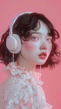 girl listening digitally to music over pink background