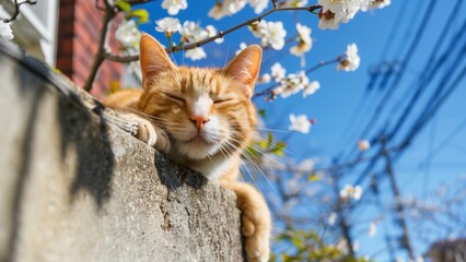 a ginger cat with its head and front paws perched over the edge of a surface. The cat is squinting...