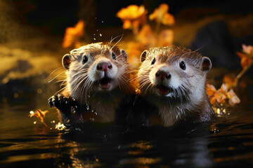 Playful otters splashing in a garden pond, their joyful interactions with water and each other beautifully documented in HD. - obrazy, fototapety, plakaty