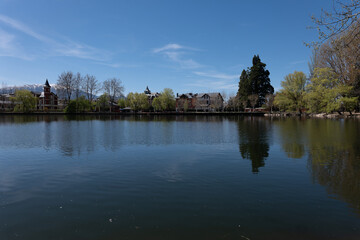 Fototapeta premium reflection in the water lake in the park Puigcerda