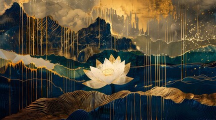 Buddhist concept painting minimalist composition chinese white lotus golden line strokes with dark blue sky and gold on large canvas