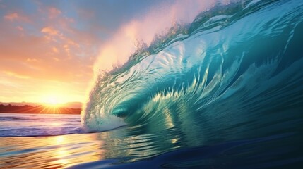A majestic blue wave crests and breaks at sunrise on a tropical coast, its powerful spray illuminated by the morning light, in stunning. - obrazy, fototapety, plakaty