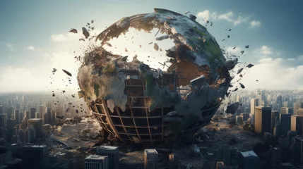 Fotobehang Earth constructed of urban materials disintegrates, a powerful 4k visual metaphor for the destructive impact of unchecked economic growth on global resources. © JP STUDIO LAB