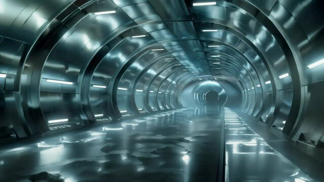 Futuristic metallic tunnel with reflective surfaces. 