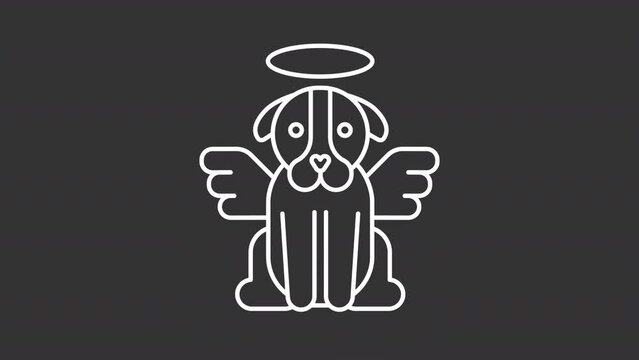 Pet funeral white line animation. Animated angel dog with halo icon. Pet loss. Pet afterlife. Dog heaven. Isolated illustration on dark background. Transition alpha video. Motion graphic