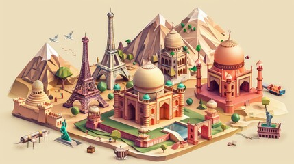 Travel landmarks world with color splatters background. Landmark architecture monuments of the...