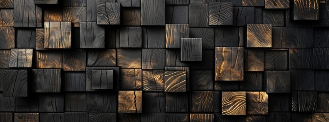 Abstract background with golden and black wood blocks. Abstract wallpaper design in the style of black wall with wooden elements, dark colored wall.