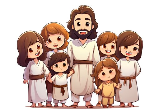 Cartoon vector illustration of Jesus Christ with his family in traditional clothes