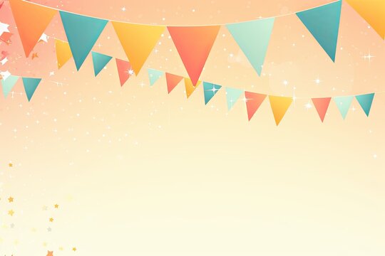 Foreground with peach background and colorful flags garland on top, confetti all around, sun shining in the background, party banner