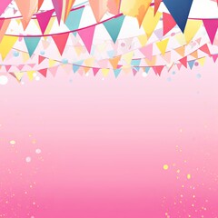 Foreground with pink background and colorful flags garland on top, confetti all around, sun shining in the background, party banner