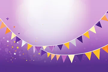 Deurstickers Foreground with purple background and colorful flags garland on top, confetti all around, sun shining in the background, party banner © Celina