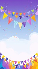 Foreground with purple background and colorful flags garland on top, confetti all around, sun shining in the background, party banner