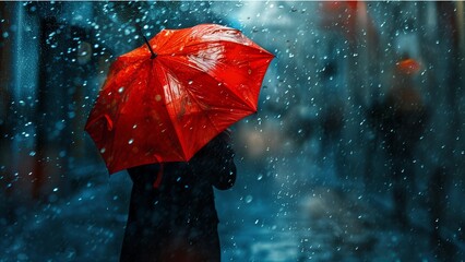 a person holding a vibrant red umbrella amidst a heavy downpour