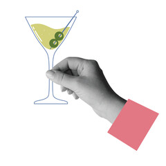 Hand holds a glass of martini with olive. Collage element. Vector illustration isolated on white background - 785075269