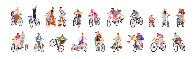 Happy people riding bicycles set. Active cyclists on bikes. Young excited smiling bicyclists cycling. Men, women and kids in helmets, pedaling. Flat vector illustration isolated on white background - obrazy, fototapety, plakaty