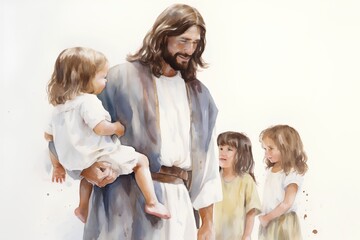 Jesus Christ with children on a white background. Watercolor illustration.