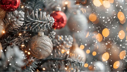 christmas tree decorations with balls, a close-up of a decorated Christmas tree. shiny baubles in silver and red with glittery surfaces - obrazy, fototapety, plakaty