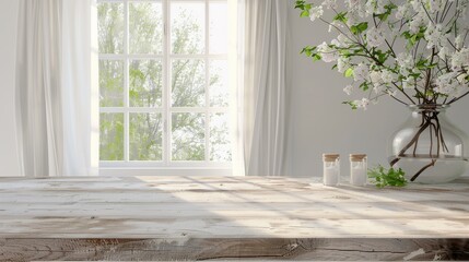 Empty Wooden Tabletop With Spring Window View and Flowers.